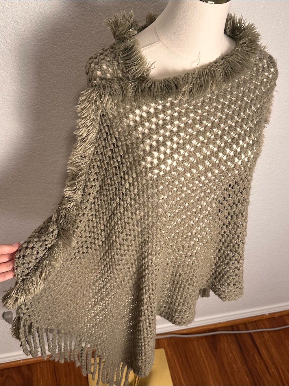 Cozy Taupe Fringe Knit Poncho Sweater - Picture 3 of 6